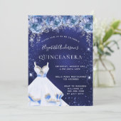 Blauwe glitter jurk bloemblaadjes Quinceanera Kaart (Staand voorkant)