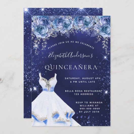 Blauwe glitter jurk bloemblaadjes Quinceanera Kaart (Voorkant / Achterkant)