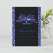 Blauwe Glitter Maskerade Feest Uitnodigingen (Staand voorkant)