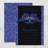 Blauwe Glitter Masquerade Party uitnodigingen (Voorkant / Achterkant)