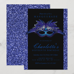 Blauwe Glitter Masquerade Party uitnodigingen