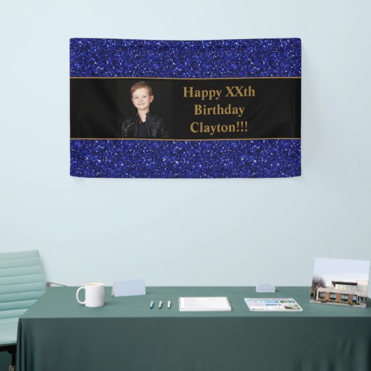 Blauwe glitter met bericht Foto verjaardagsbanner Spandoek (Beurs)