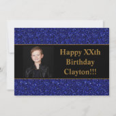 Blauwe glitter met berichtfoto van Birthday Party Kaart (Voorkant)