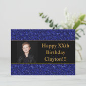 Blauwe glitter met berichtfoto van Birthday Party Kaart (Staand voorkant)