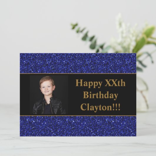 Blauwe glitter met berichtfoto van Birthday Party Kaart (Staand voorkant)