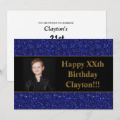 Blauwe glitter met berichtfoto van Birthday Party Kaart (Voorkant / Achterkant)