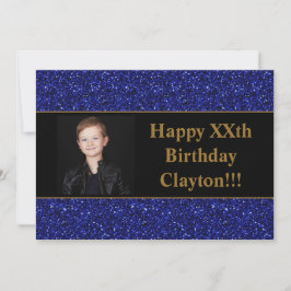 Blauwe glitter met berichtfoto van Birthday Party Kaart