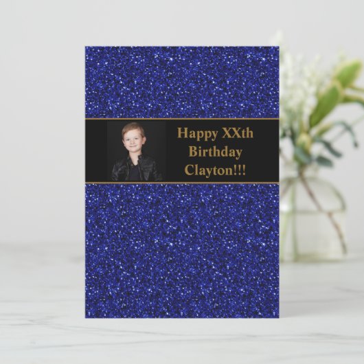 Blauwe glitter met berichtfoto van Birthday Party Kaart (Staand voorkant)