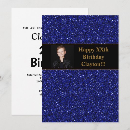 Blauwe glitter met berichtfoto van Birthday Party Kaart (Voorkant / Achterkant)