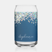 Blauwe Glitter Monogram Holografische Moderne Doua Blikvorm Glas (Voorkant)