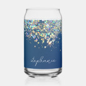 Blauwe Glitter Monogram Holografische Moderne Doua Blikvorm Glas (Achterkant)