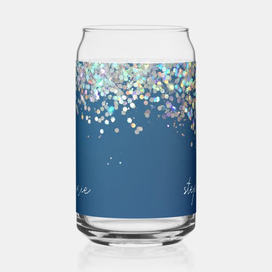 Blauwe Glitter Monogram Holografische Moderne Doua Blikvorm Glas (Links)