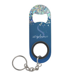 Blauwe Glitter Monogram Holografische Moderne Doua Mini Flessenopener