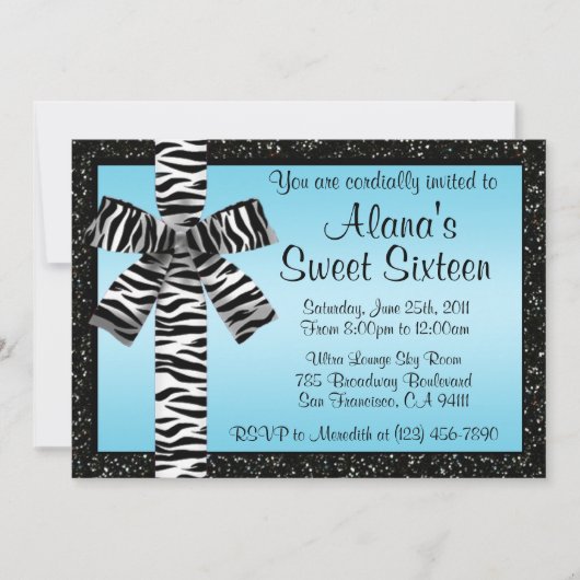 Blauwe glitter nodigt u uit met Zebra Print Bow Kaart (Voorkant)