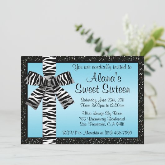 Blauwe glitter nodigt u uit met Zebra Print Bow Kaart (Staand voorkant)