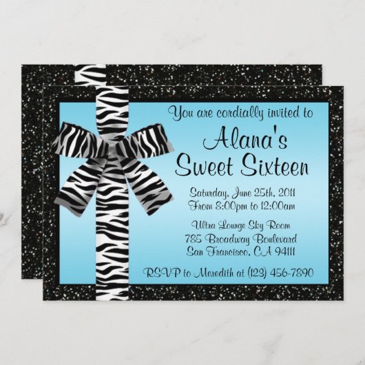 Blauwe glitter nodigt u uit met Zebra Print Bow Kaart (Voorkant / Achterkant)