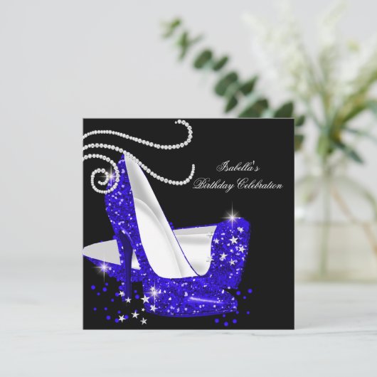 Blauwe glitter op hoge hoogte Zwarte Birthday Part Kaart (Staand voorkant)
