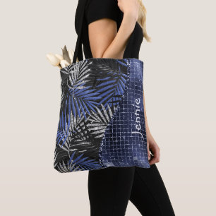 Blauwe Glitter Palm Leaves Glam Wave Gepersonalise Tote Bag