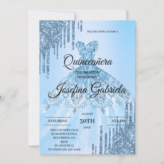Blauwe Glitter Quinceañera Uitnodiging (Voorkant)