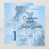 Blauwe Glitter Quinceañera Uitnodiging (Voorkant / Achterkant)