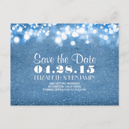 Blauwe glitter reeks lichten Save the date Aankondigingskaart (Voorkant)