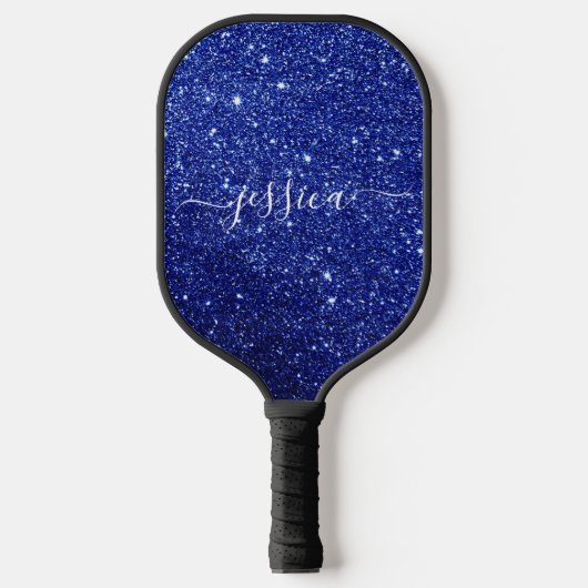 Blauwe glitter script naam pickleball paddle (Voorkant)