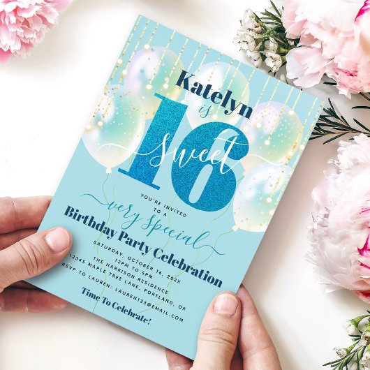 Blauwe Glitter Sweet 16 Verjaardag Ballonnen Moder Kaart