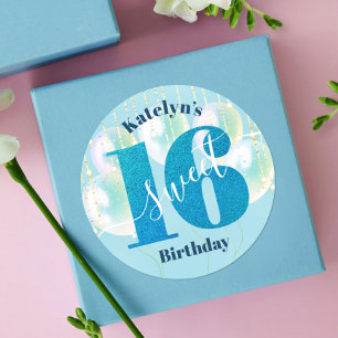 Blauwe Glitter Sweet 16 Verjaardag Ballonnen Scrip Ronde Sticker