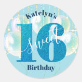 Blauwe Glitter Sweet 16 Verjaardag Ballonnen Scrip Ronde Sticker (Voorkant)