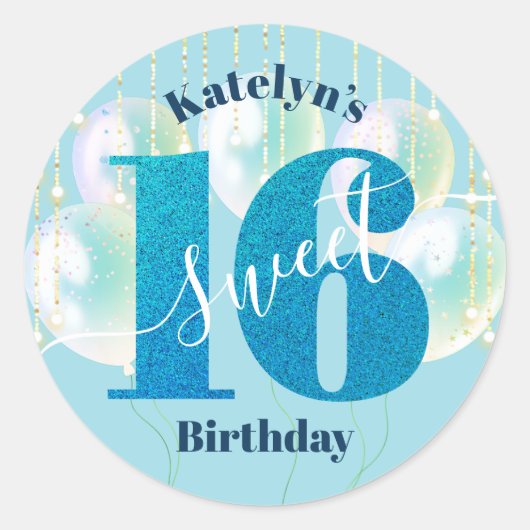 Blauwe Glitter Sweet 16 Verjaardag Ballonnen Scrip Ronde Sticker (Voorkant)