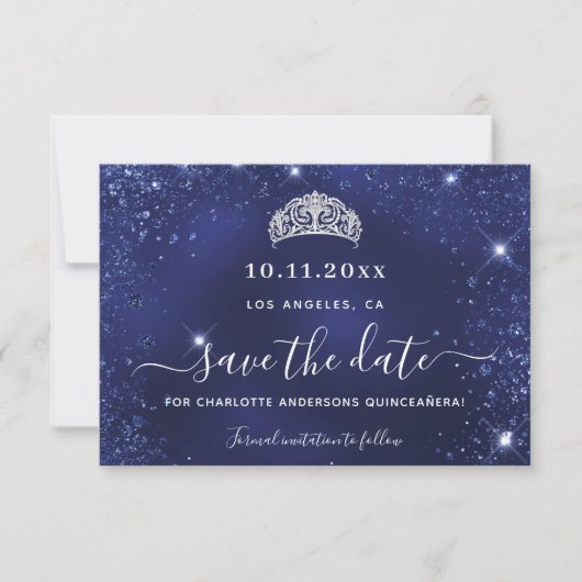 Blauwe glitter van de zeemacht van de Quinceanera Save The Date (Voorkant)