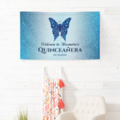 Blauwe Glitter Vlinder Quinceañera Spandoek (Insitu)