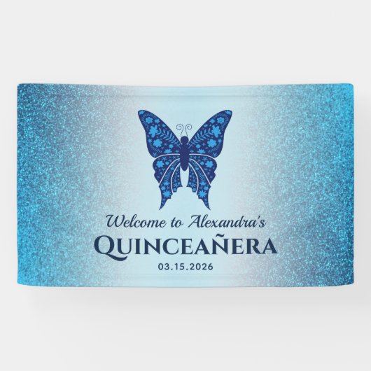 Blauwe Glitter Vlinder Quinceañera Spandoek (Horizontaal)