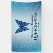 Blauwe Glitter Vlinder Quinceañera Spandoek (Verticaal)