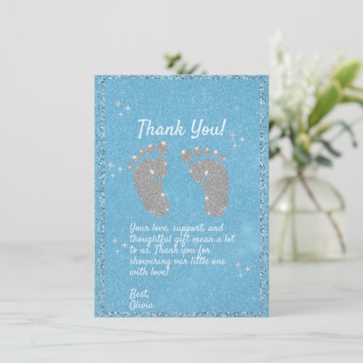 Blauwe Glitter Voetafdruk Baby Boy Bedankt Card (Staand voorkant)
