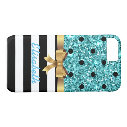 Blauwe GLITTER Zwart polka dot GOUD BOW MONOGRAM Case-Mate iPhone Case (Achterkant (Horizontaal))