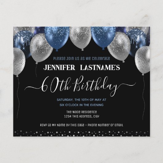 Blauwe Glitterballonnen 60ste verjaardagsfeestje (Voorkant)