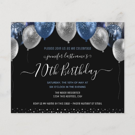 Blauwe Glitterballonnen 70ste verjaardagsfeestje (Voorkant)