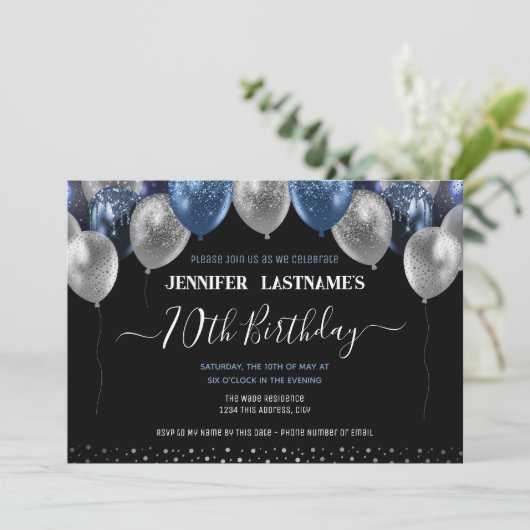 Blauwe Glitterballonnen 70ste verjaardagsfeestje Kaart (Staand voorkant)