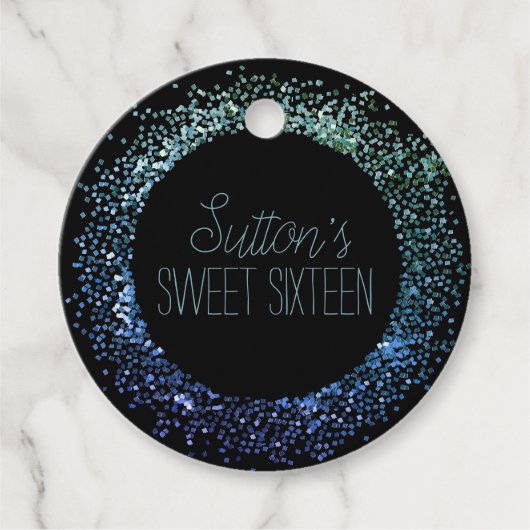 Blauwe glittercirkel bedankjes labels (Voorkant)