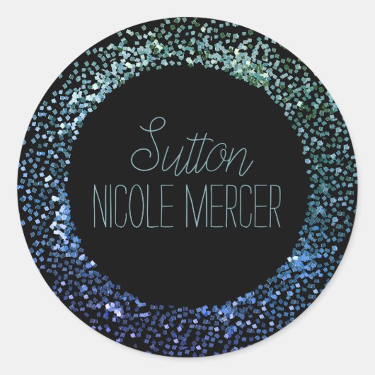 Blauwe glittercirkel ronde sticker (Voorkant)