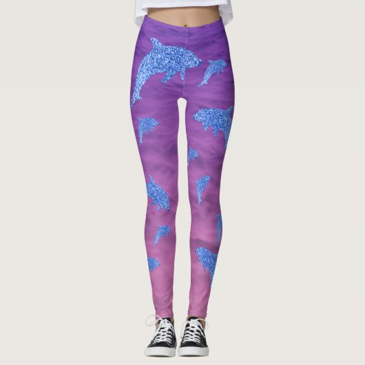Blauwe glitterdolfijn in roze en Paars Zee Leggings (Voorkant)
