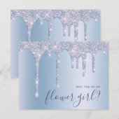 Blauwe glitterdruppels worden mijn bloemmeisje. uitnodiging briefkaart (Voorkant / Achterkant)