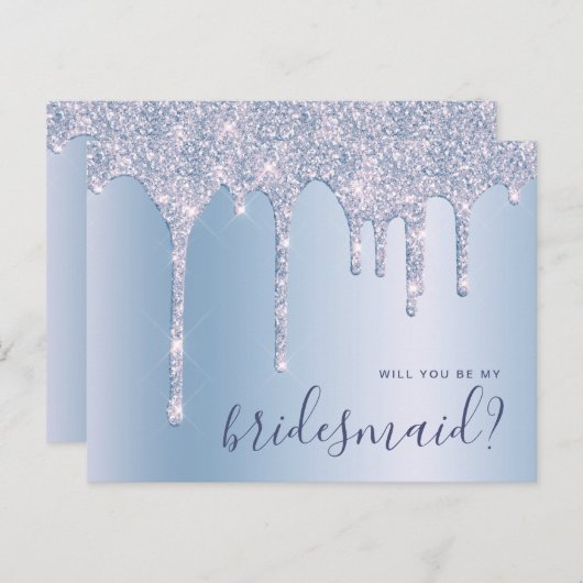 Blauwe glitterdruppels zijn mijn bruidsmeisje uitnodiging briefkaart (Voorkant / Achterkant)