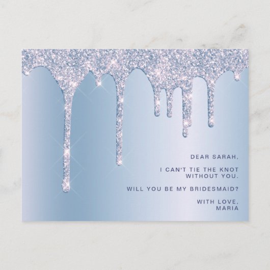 Blauwe glitterdruppels zijn mijn bruidsmeisje uitnodiging briefkaart (Achterkant)