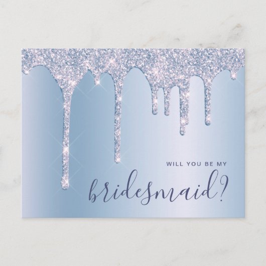 Blauwe glitterdruppels zijn mijn bruidsmeisje uitnodiging briefkaart (Voorkant)