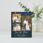 Blauwe Glitterlichten Trouwfoto Save the Date (Staand voorkant)