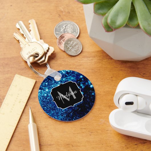 Blauwe glitters Abstract Bevroren bubbels Monogram Sleutelhanger (Bureau)