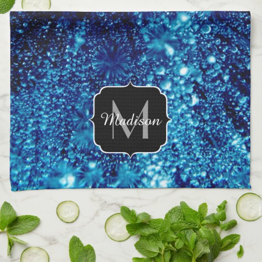 Blauwe glitters Abstract Bevroren bubbels Monogram Theedoek (Gevouwen)