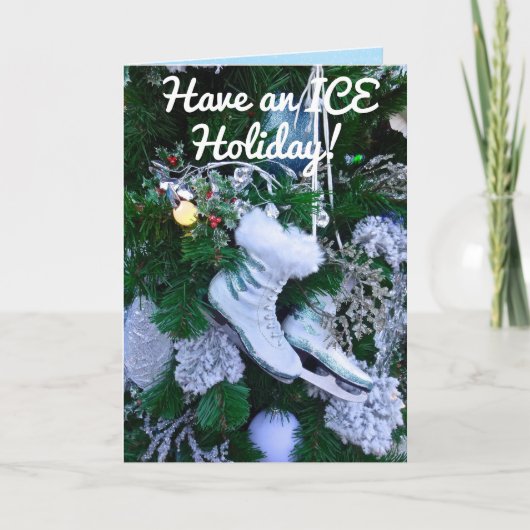 Blauwe Glitters en bont schaatsen op Kerstboom Kaart (Voorkant)